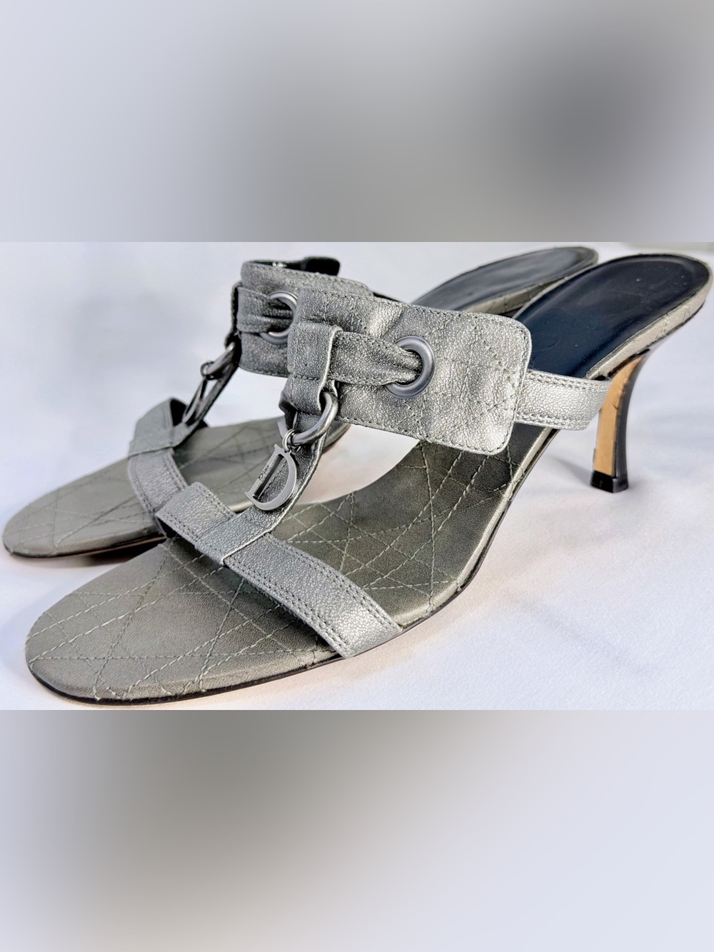 Christian Dior Galliano Y2K Cannage D Charm Metallic Leather Mule Heels EU 38.5